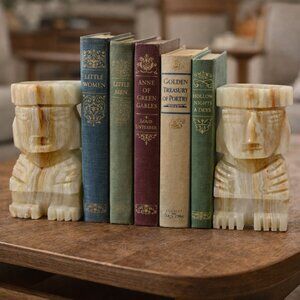 Pair of Tall Vintage Carved Onyx/Marble Aztec–Mayan–Tiki Style Bookends
